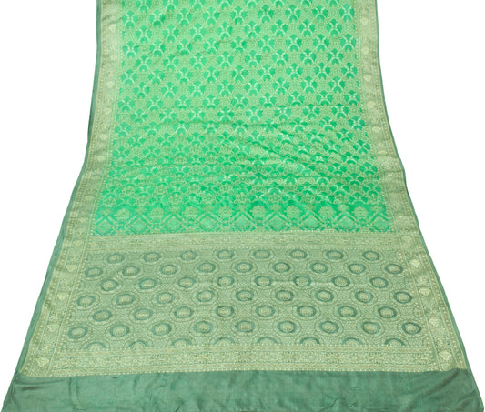 Sushila Vintage Green Saree Pure Silk All Over Woven Floral Sari Decor Fabric