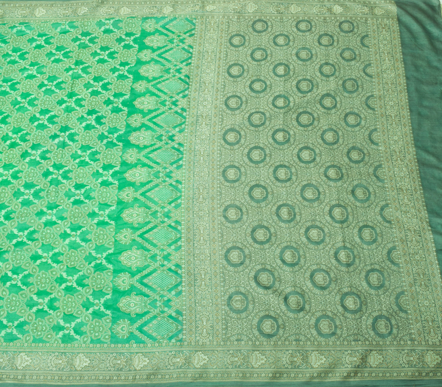 Sushila Vintage Green Saree Pure Silk All Over Woven Floral Sari Decor Fabric