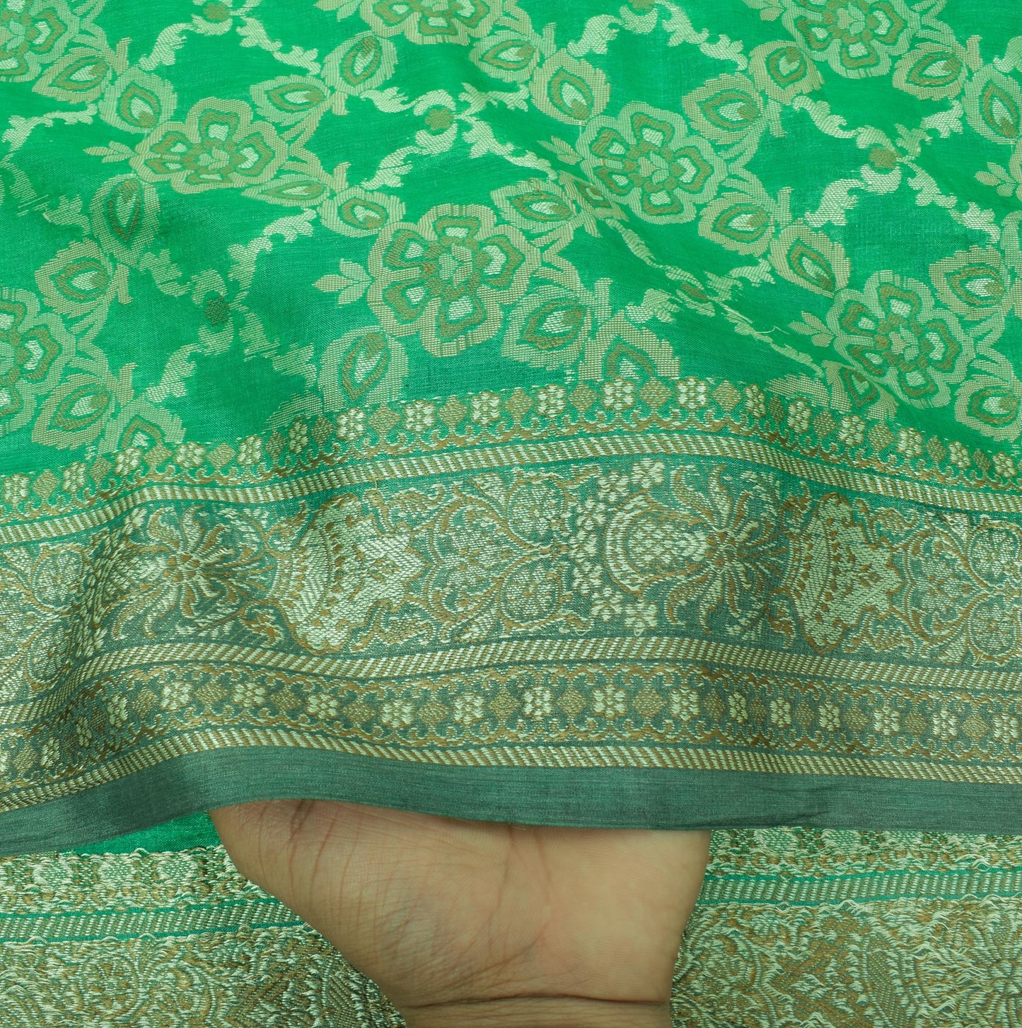 Sushila Vintage Green Saree Pure Silk All Over Woven Floral Sari Decor Fabric