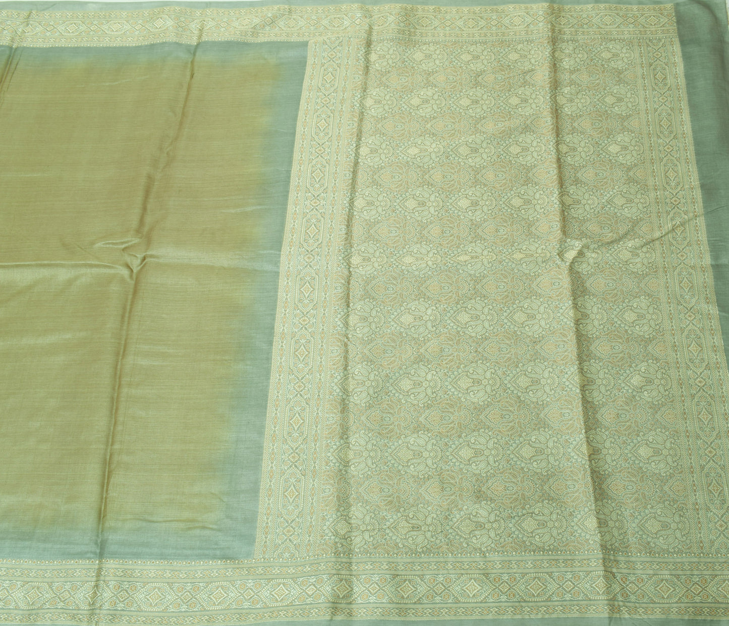 Sushila Vintage Gray Green Sari Pure Silk Woven Floral Sari Decor 5 Yard Fabric