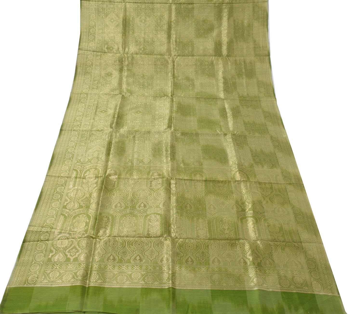 Sushila Vintage Green Saree Pure Silk All Over Zari Woven Floral Sari Fabric