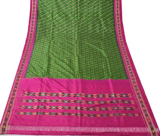 Sushila Vintage Green Indian Saree 100% Pure Silk Woven Ikkat Patola Sari Fabric