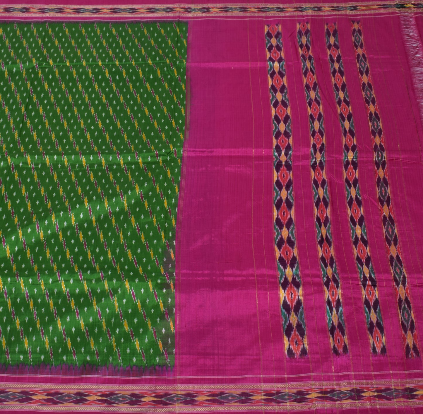 Sushila Vintage Green Indian Saree 100% Pure Silk Woven Ikkat Patola Sari Fabric