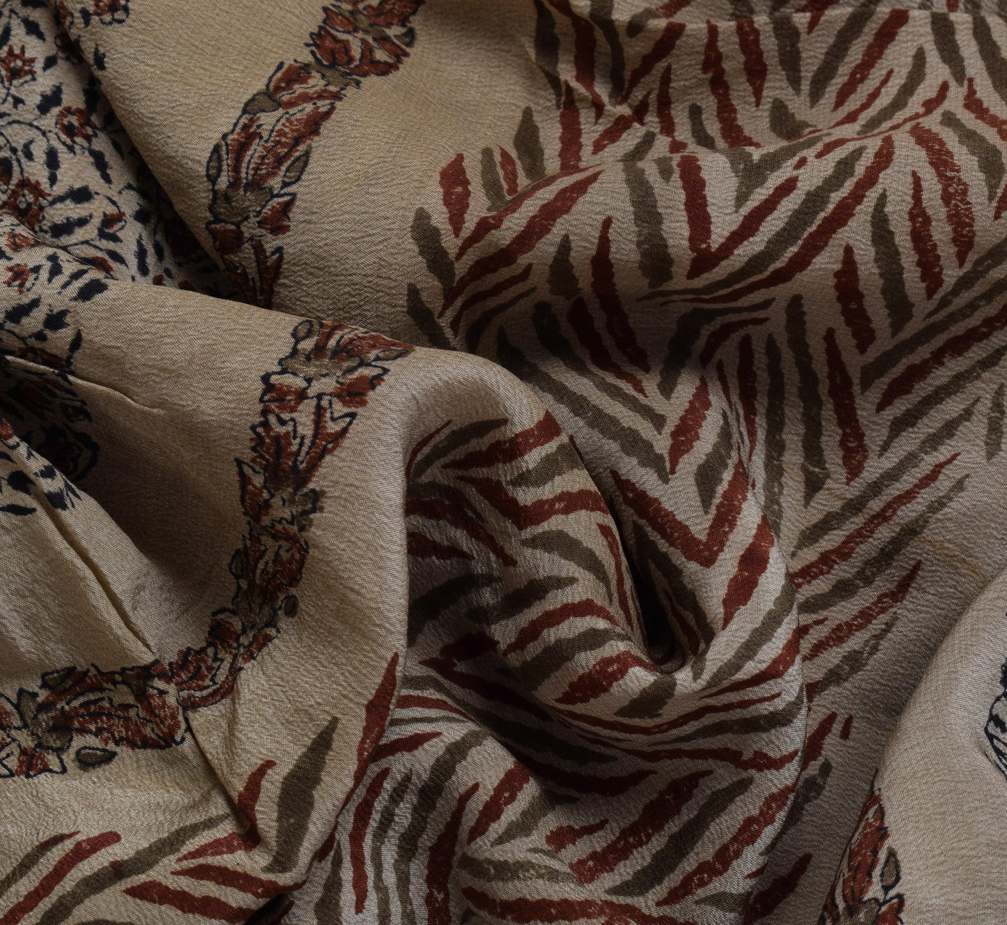 Sushila Vintage Brown Saree Pure Crepe Silk Printed Embroidered Sari Fabric