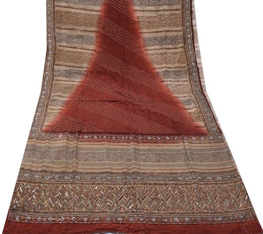 Sushila Vintage Brown Saree Pure Crepe Silk Printed Embroidered Sari Fabric