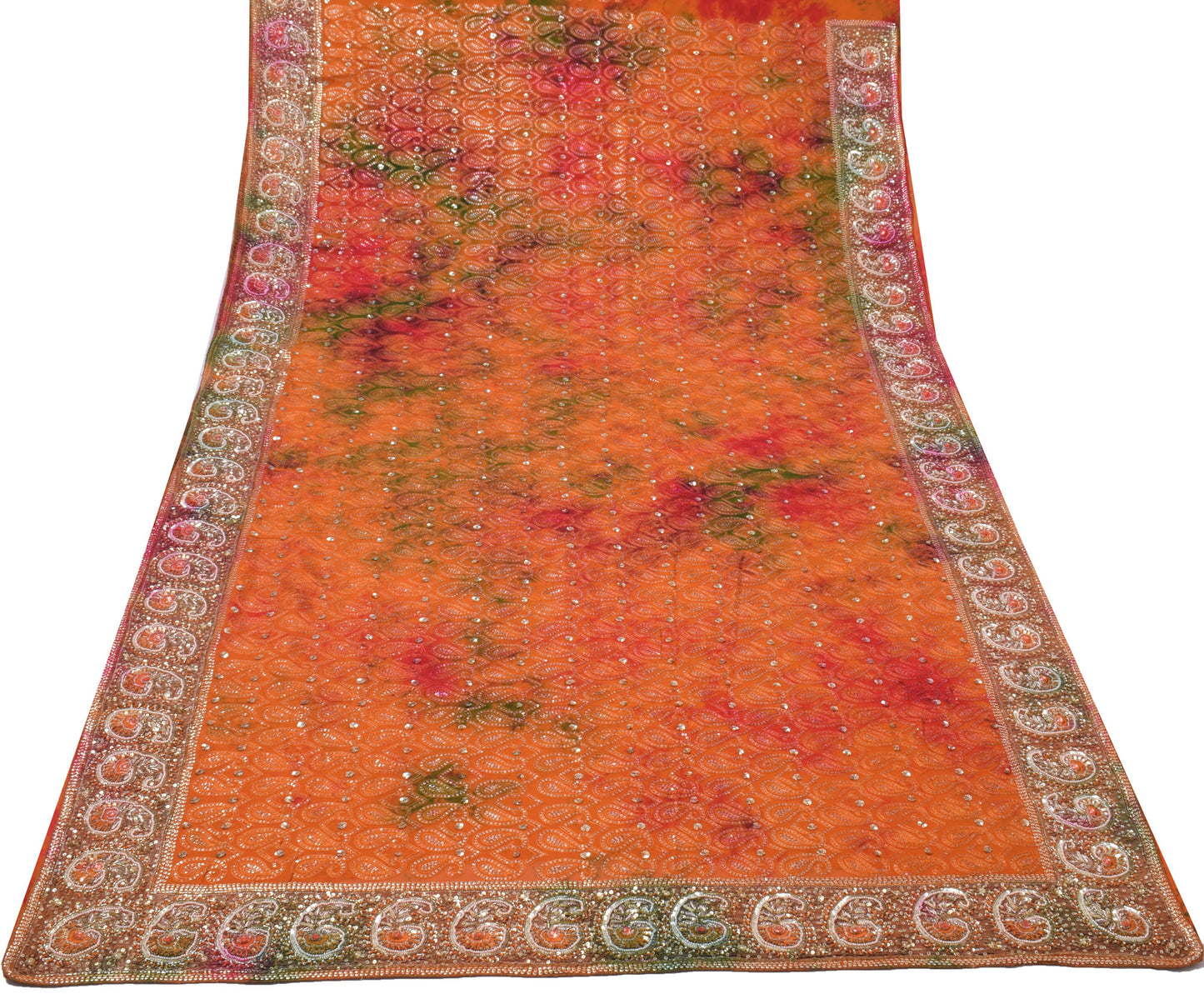 Sushila Vintage Rust HEAVY Sari Pure Georgette Hand Beaded Paisley Sari Fabric