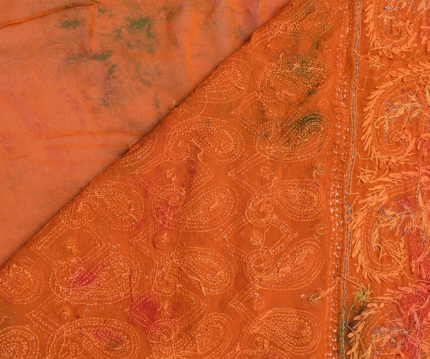 Sushila Vintage Rust HEAVY Sari Pure Georgette Hand Beaded Paisley Sari Fabric