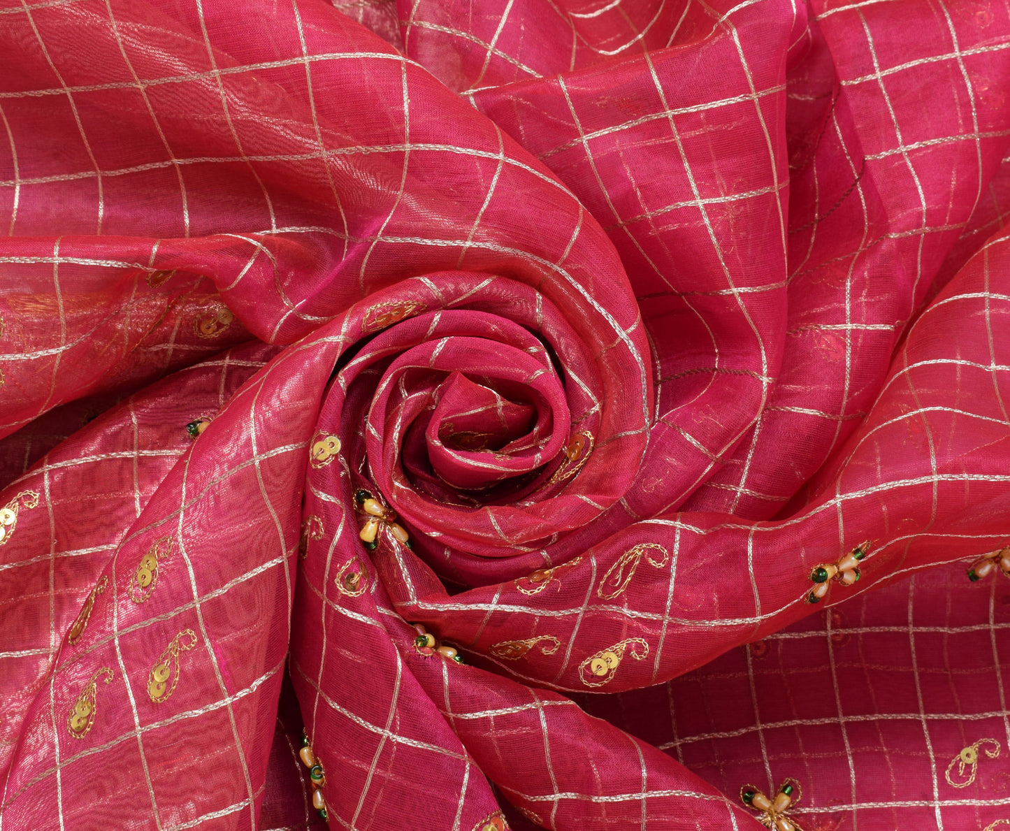 Sushila Vintage Magenta Sari Pure Silk Tissue Organza Woven Beaded Sari Fabric