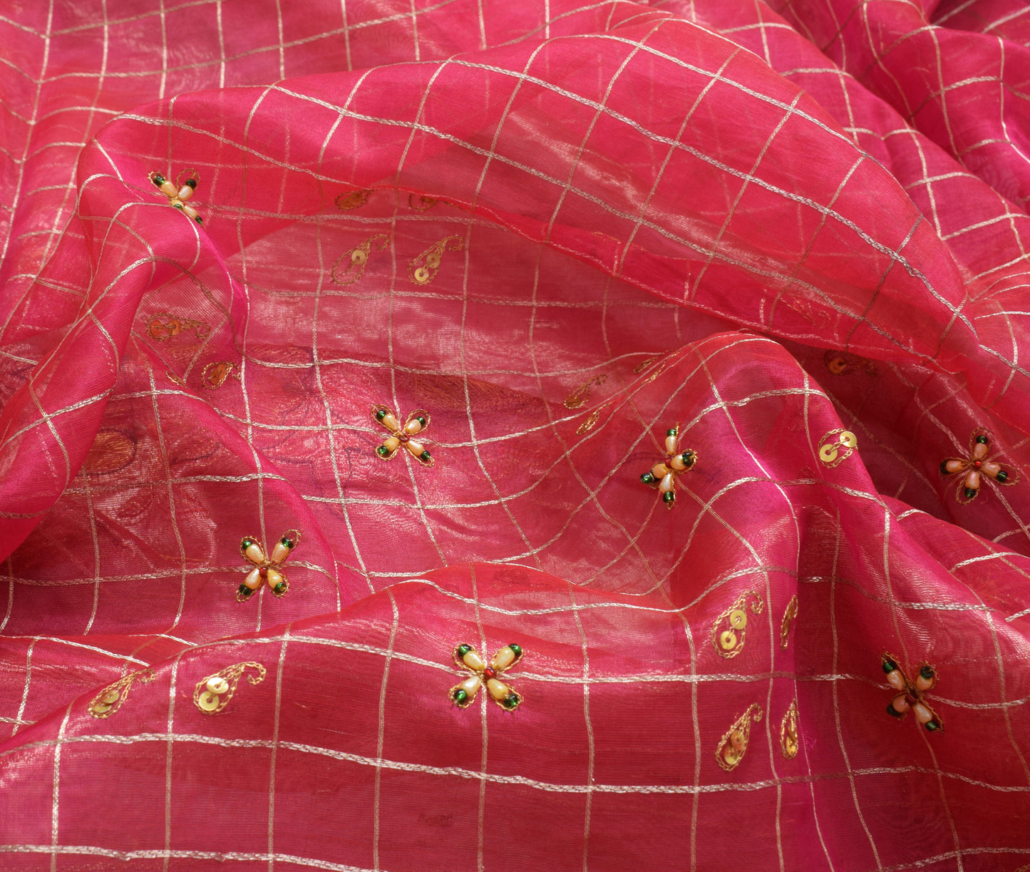 Sushila Vintage Magenta Sari Pure Silk Tissue Organza Woven Beaded Sari Fabric