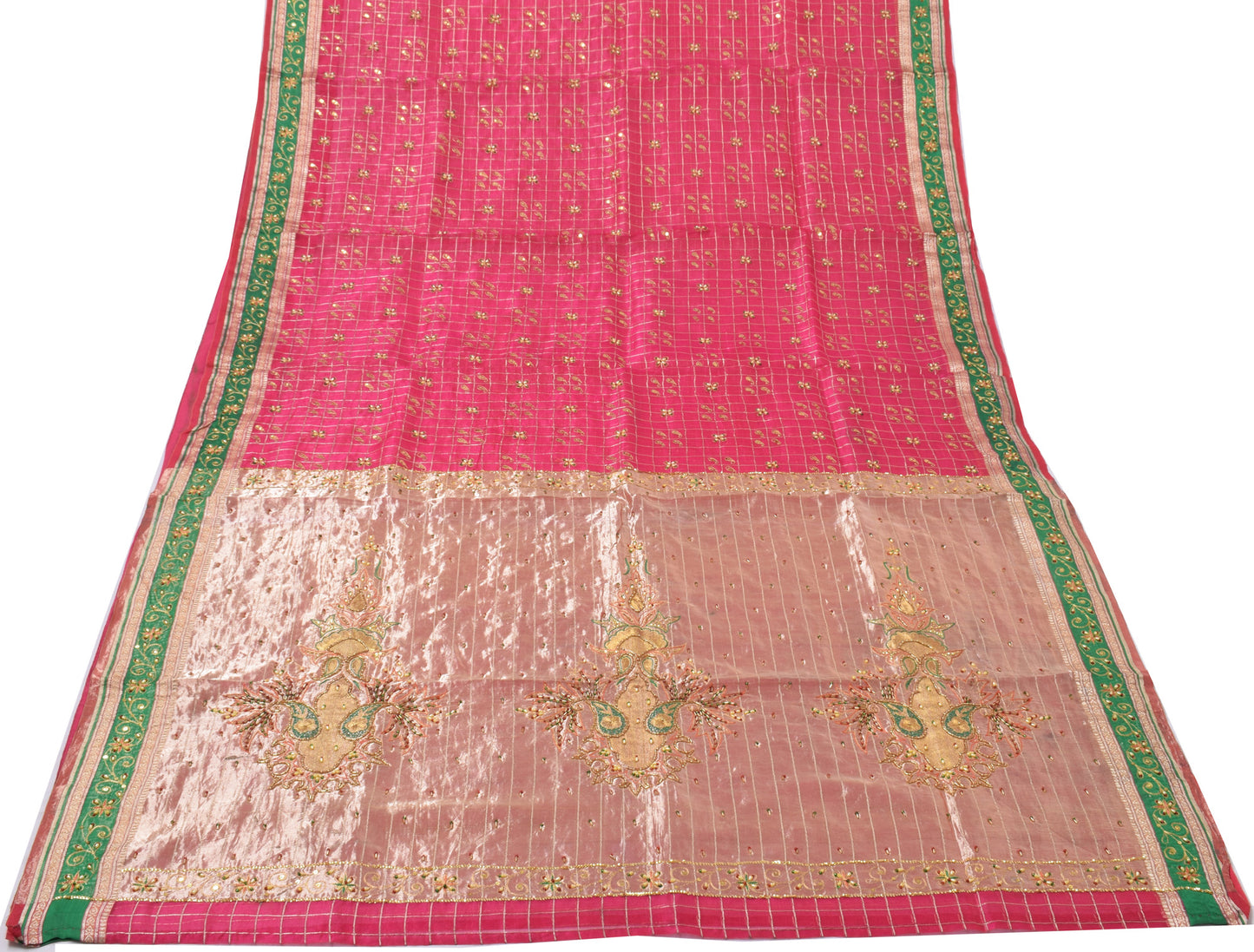 Sushila Vintage Magenta Sari Pure Silk Tissue Organza Woven Beaded Sari Fabric