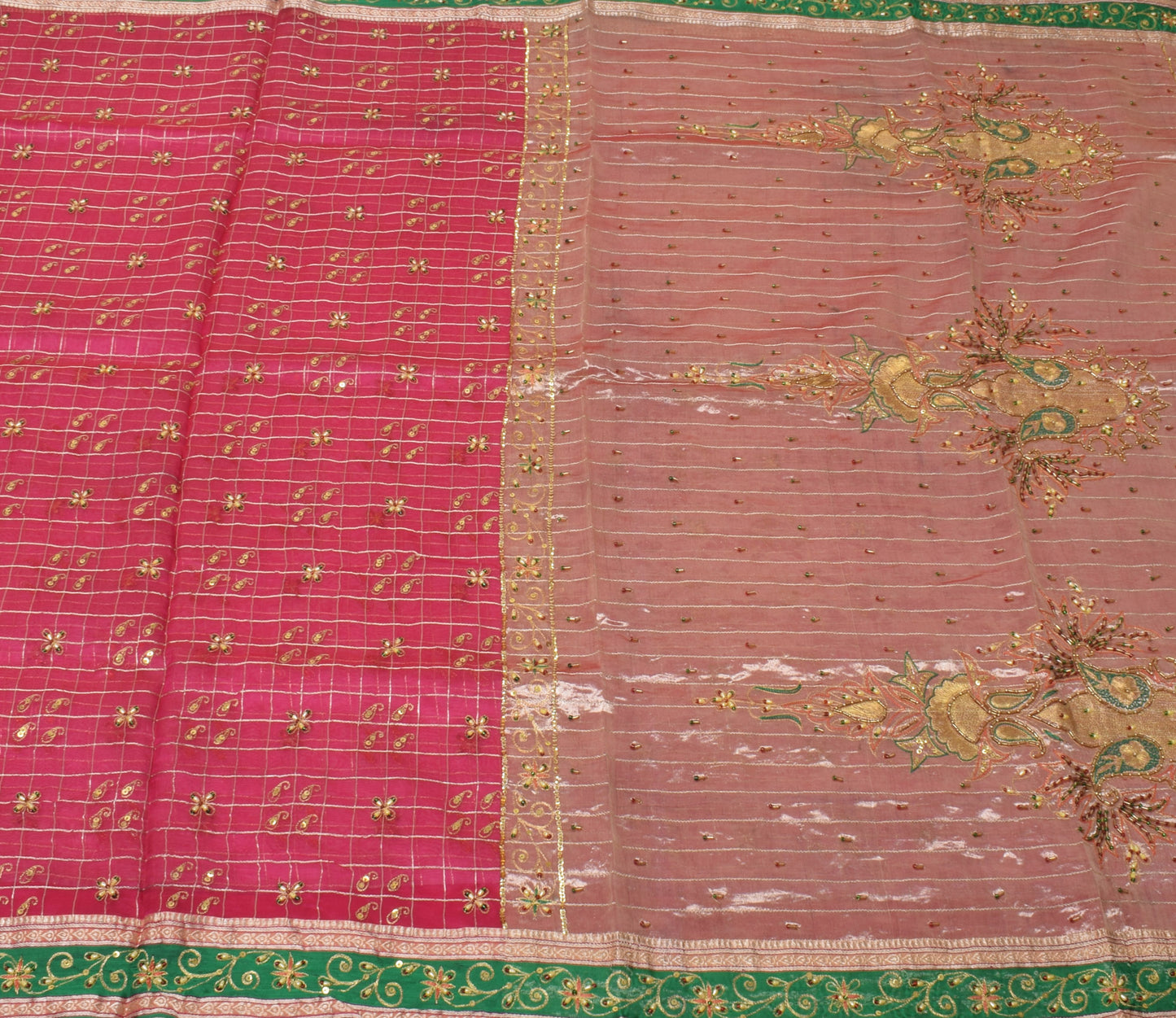 Sushila Vintage Magenta Sari Pure Silk Tissue Organza Woven Beaded Sari Fabric