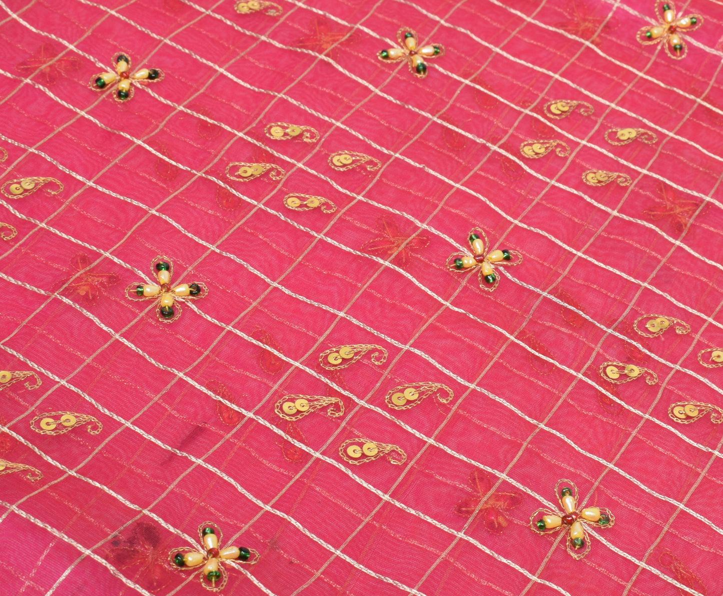 Sushila Vintage Magenta Sari Pure Silk Tissue Organza Woven Beaded Sari Fabric