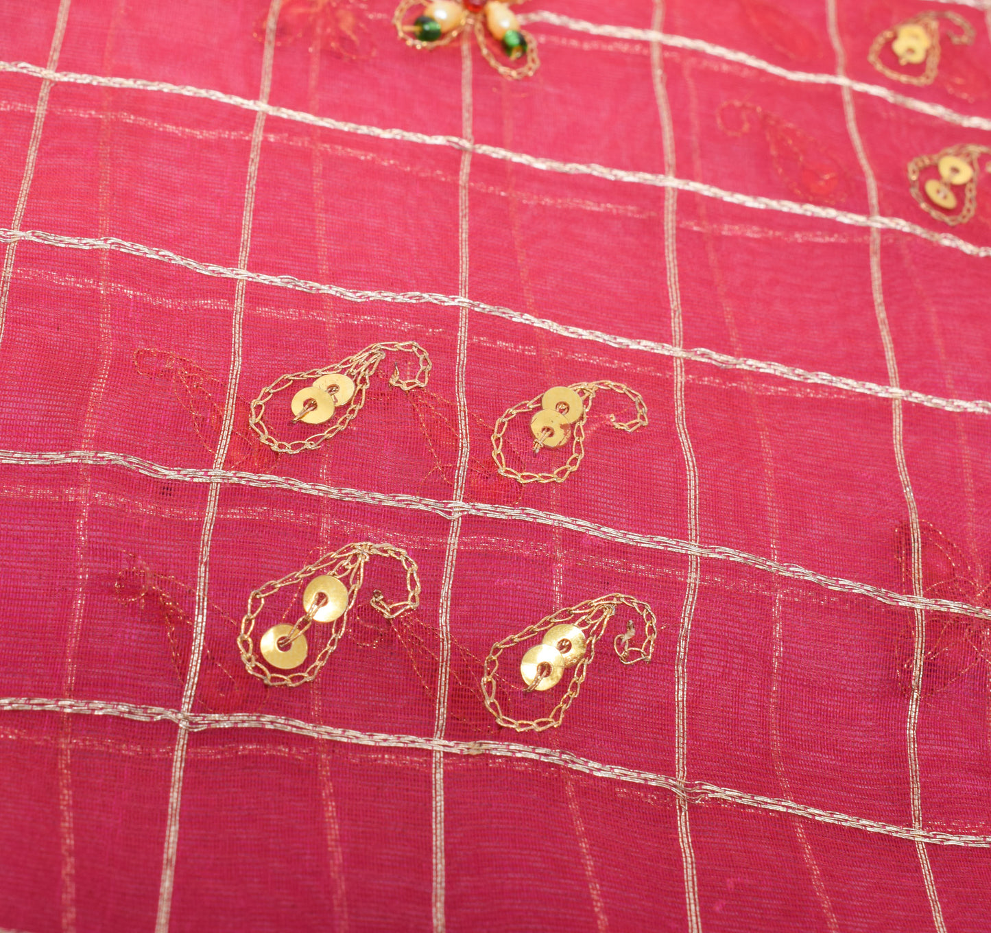 Sushila Vintage Magenta Sari Pure Silk Tissue Organza Woven Beaded Sari Fabric