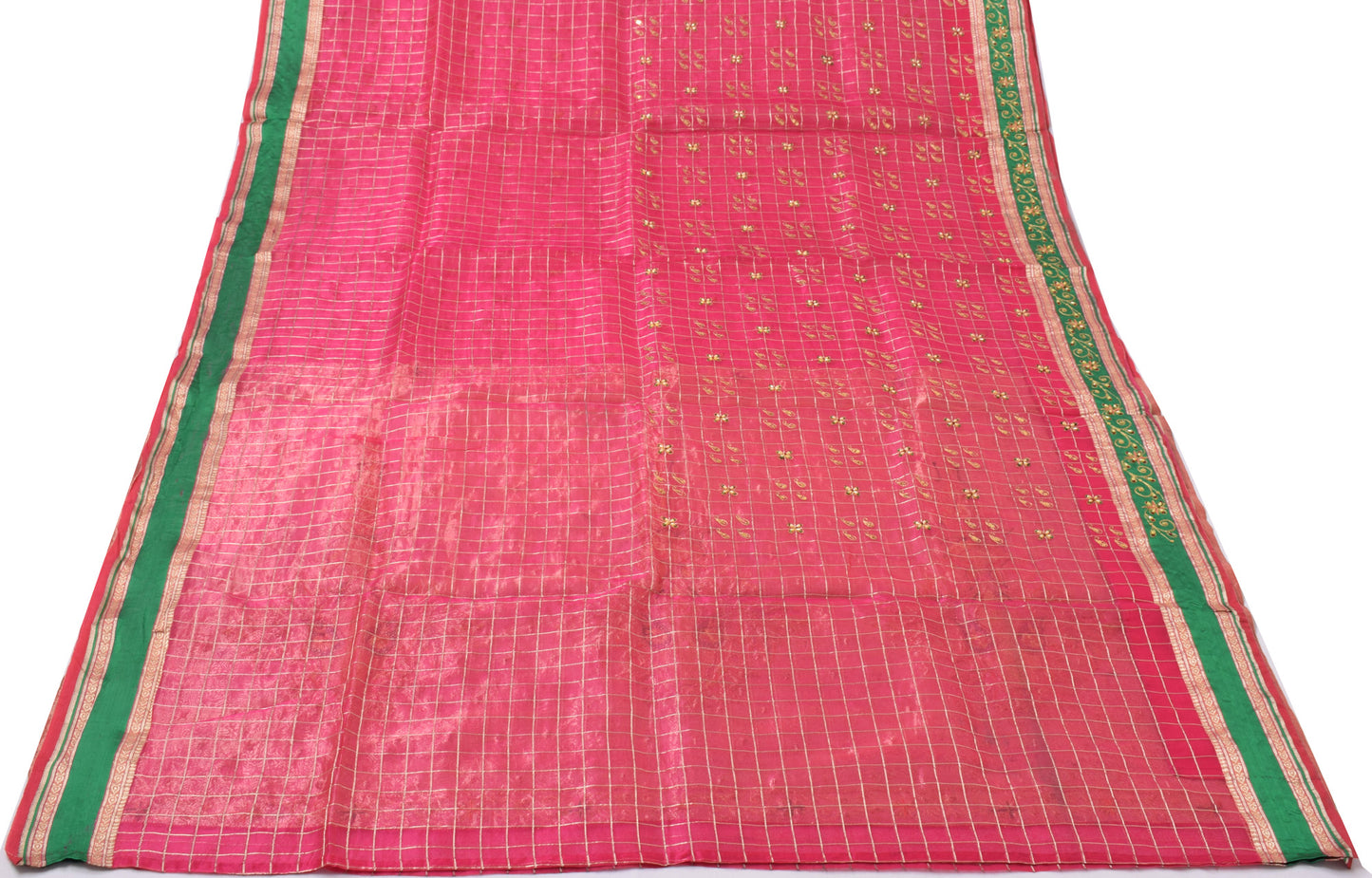 Sushila Vintage Magenta Sari Pure Silk Tissue Organza Woven Beaded Sari Fabric