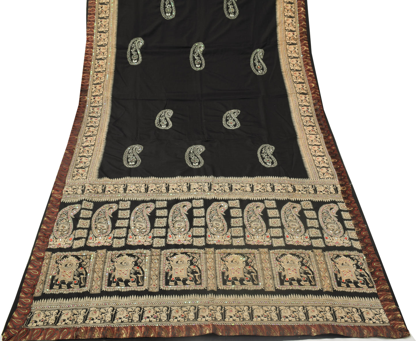 Sushila Vintage Black Sari Blend Silk Printed & Embroidered Elephant Sari Fabric