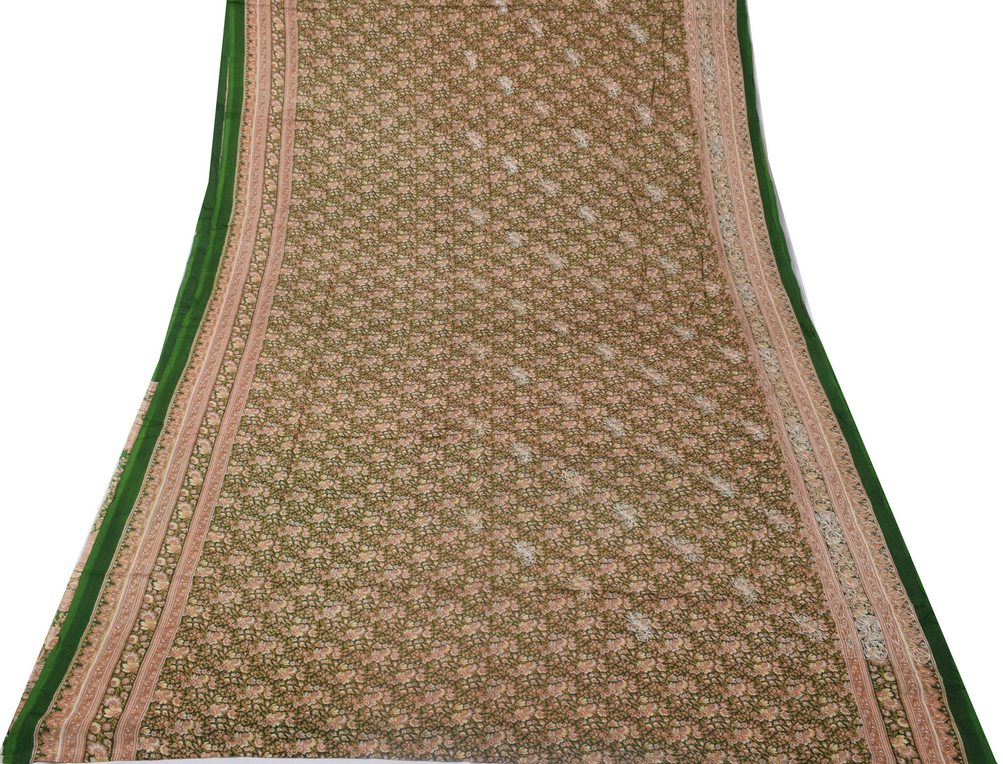 Sushila Vintage Green Sari Pure Silk Printed Embroidered Aari Work Sari Fabric