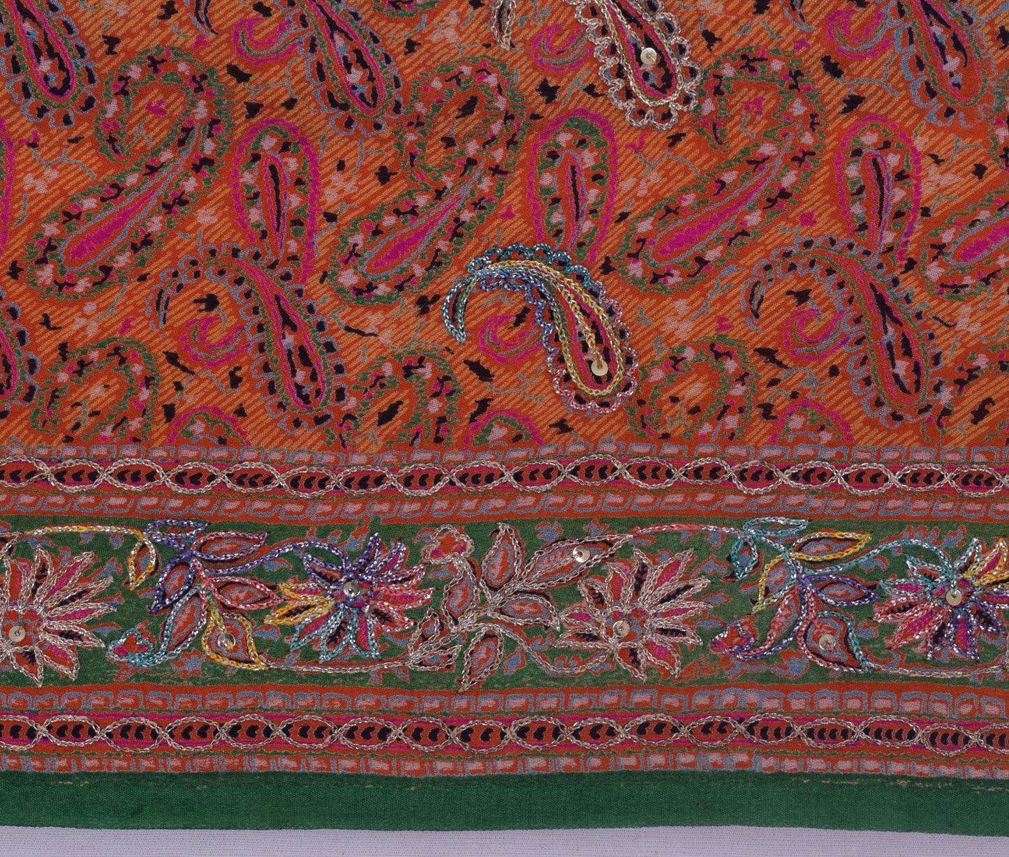 Sushila Vintage Mustard Sari Pure Silk Printed & Embroidered Paisley Sari Fabric