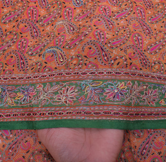 Sushila Vintage Mustard Sari Pure Silk Printed & Embroidered Paisley Sari Fabric