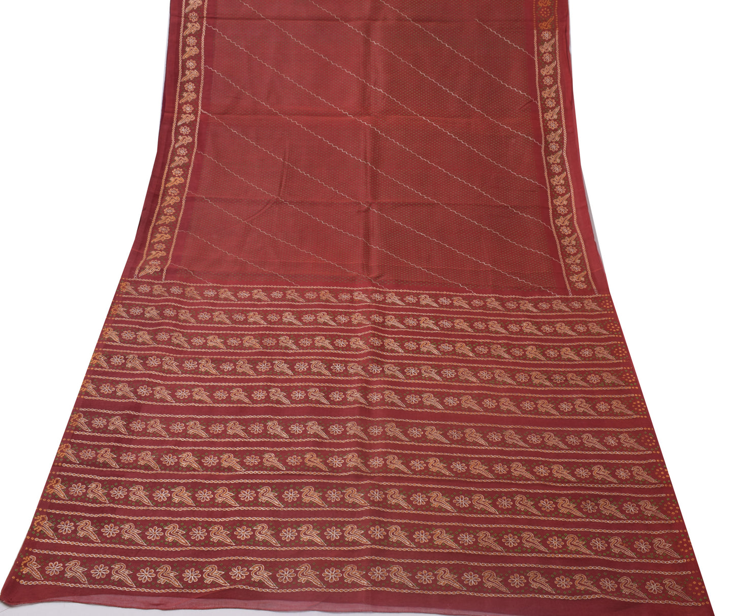 Sushila Vintage Maroon Sari Pure Cotton Printed & Embroidered Birds Sari Fabric