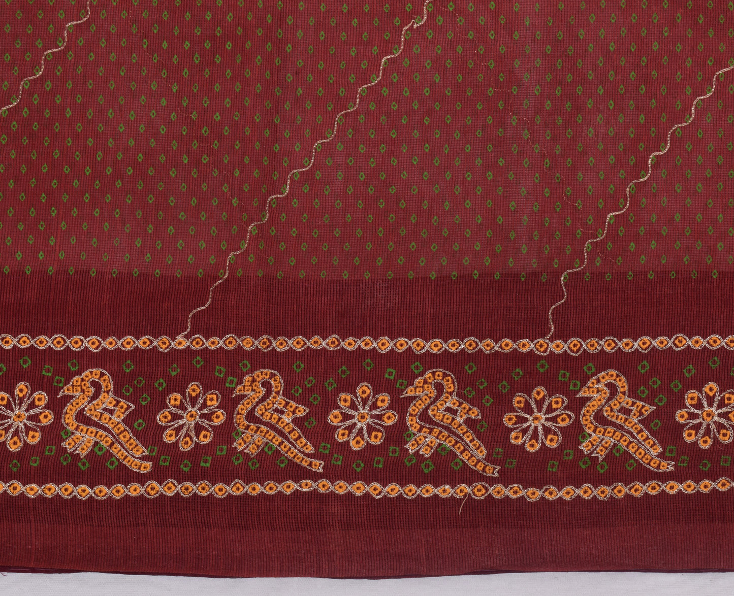 Sushila Vintage Maroon Sari Pure Cotton Printed & Embroidered Birds Sari Fabric