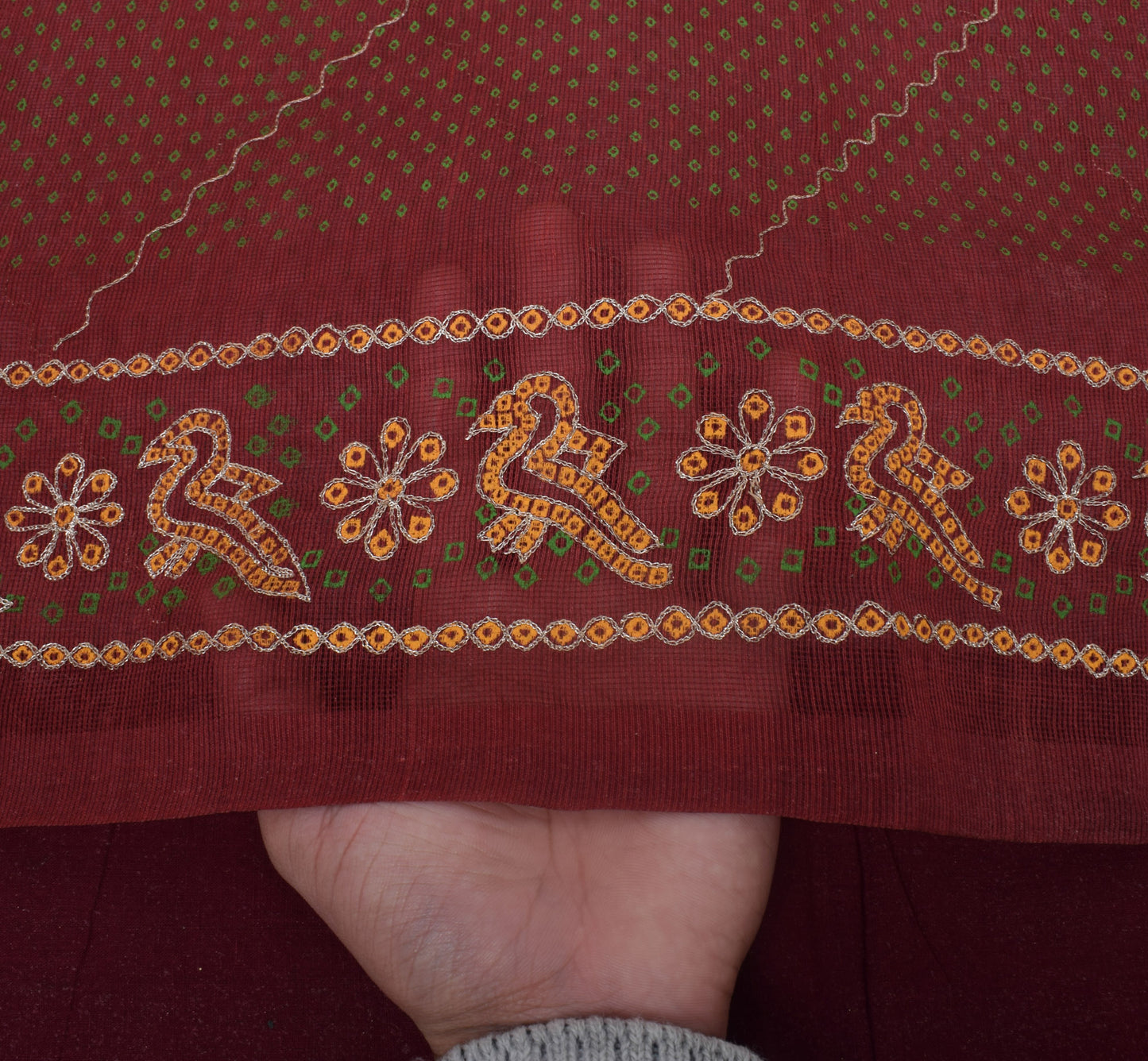 Sushila Vintage Maroon Sari Pure Cotton Printed & Embroidered Birds Sari Fabric