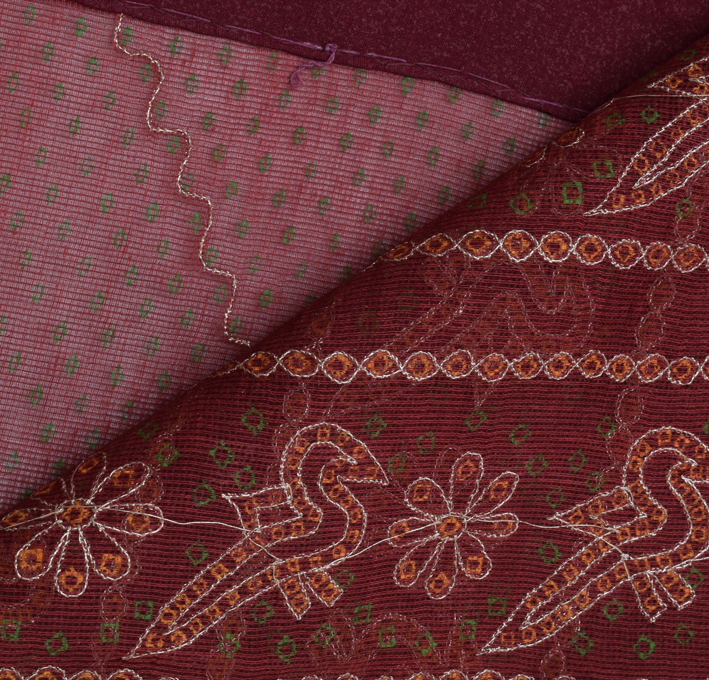 Sushila Vintage Maroon Sari Pure Cotton Printed & Embroidered Birds Sari Fabric