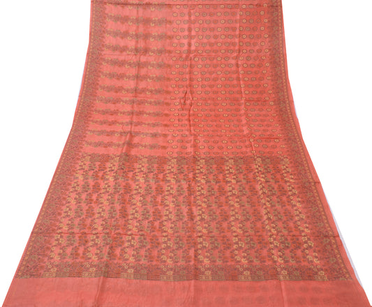 Sushila Vintage Peach Saree Pure Silk All Over Woven Floral Sari Decor Fabric