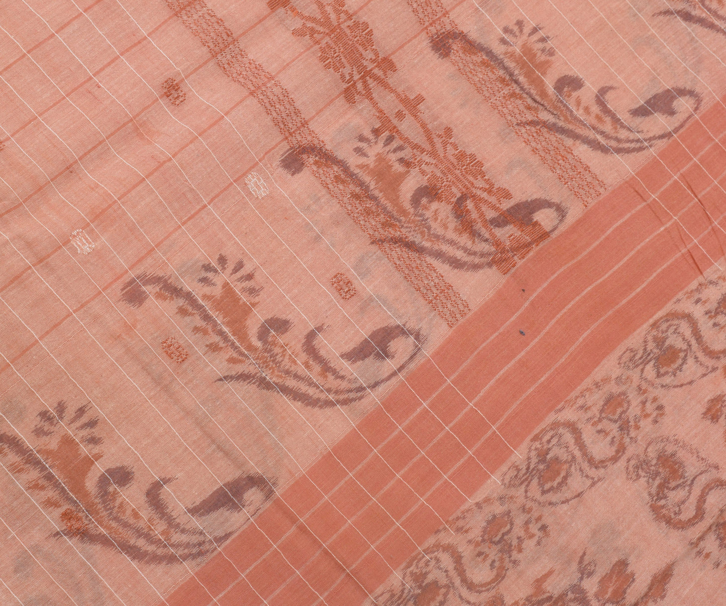 Sushila Vintage Peach Saree Pure Cotton Woven Floral Sari Decor 5 Yard Fabric