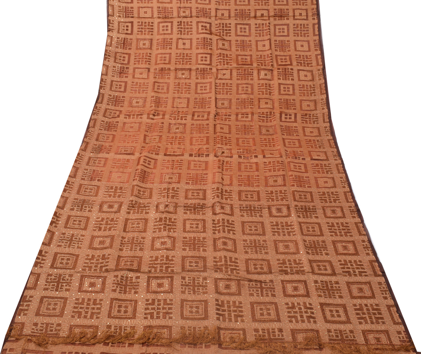 Sushila Vintage Brown Saree Pure Silk ORGANZA Beaded Embroidered Woven Fabric