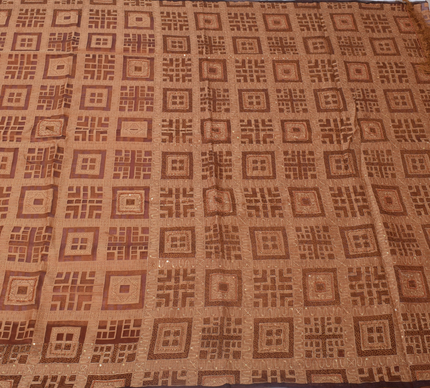 Sushila Vintage Brown Saree Pure Silk ORGANZA Beaded Embroidered Woven Fabric