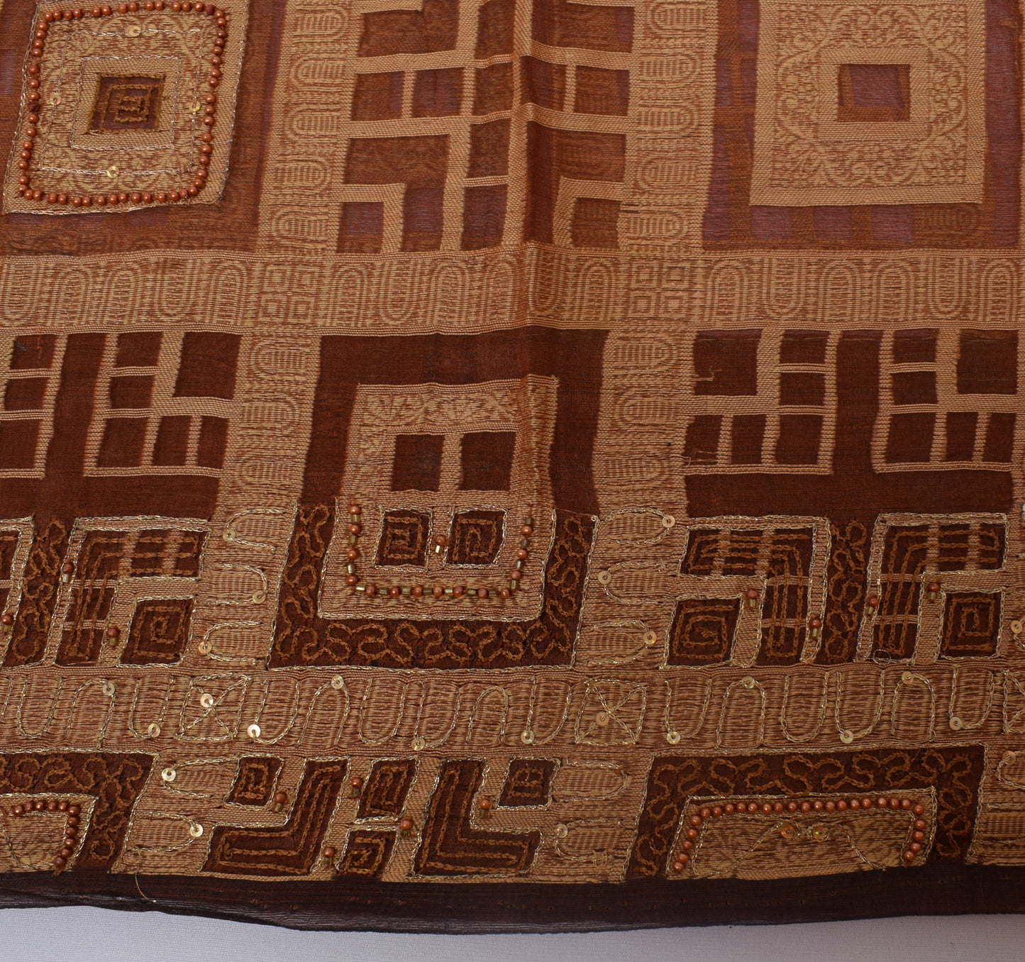 Sushila Vintage Brown Saree Pure Silk ORGANZA Beaded Embroidered Woven Fabric