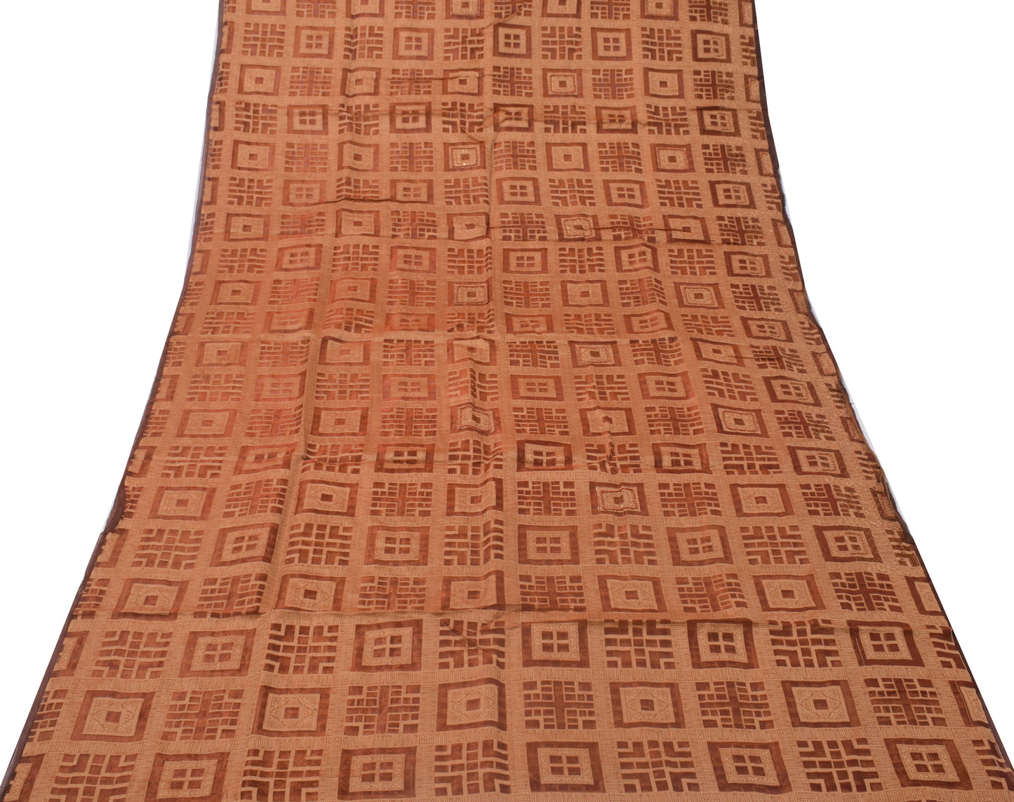 Sushila Vintage Brown Saree Pure Silk ORGANZA Beaded Embroidered Woven Fabric