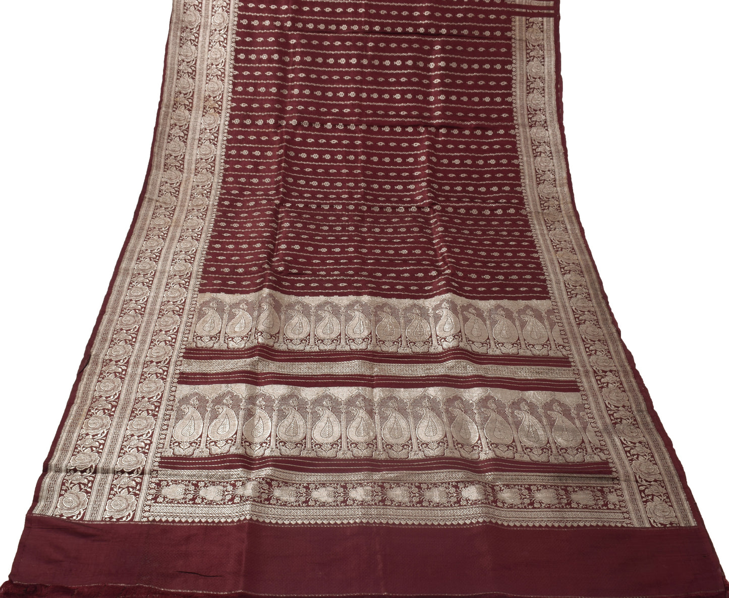 Sushila Vintage Burgundy BANARASI Saree Pure Silk Zari Woven Brocade Sari Fabric