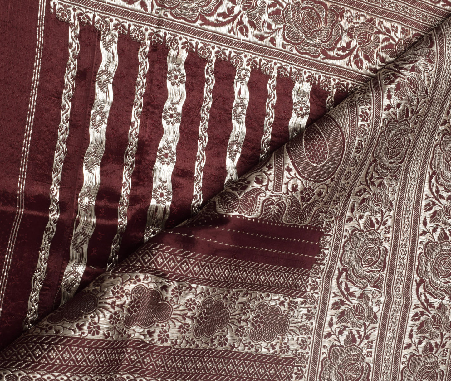 Sushila Vintage Burgundy BANARASI Saree Pure Silk Zari Woven Brocade Sari Fabric