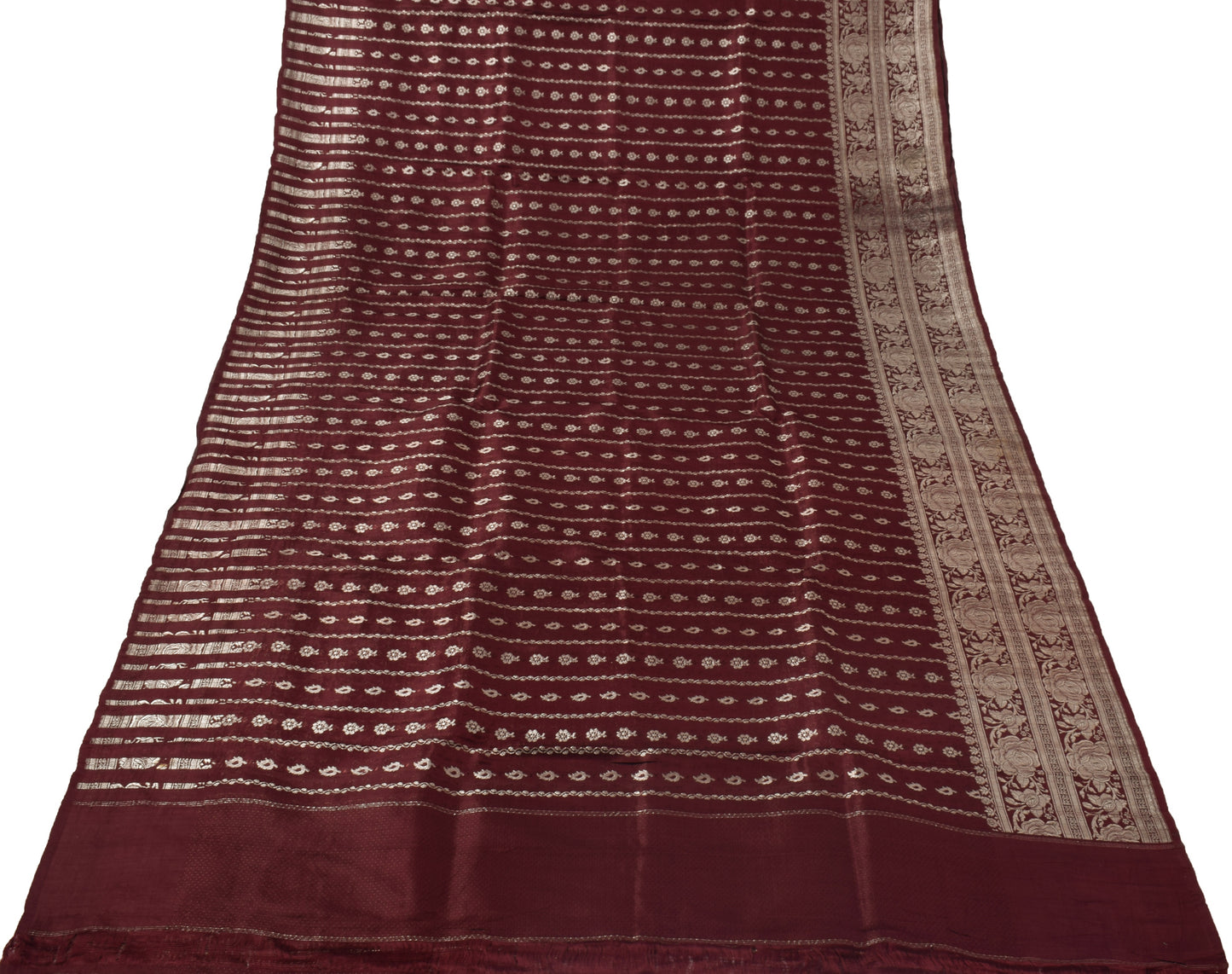 Sushila Vintage Burgundy BANARASI Saree Pure Silk Zari Woven Brocade Sari Fabric