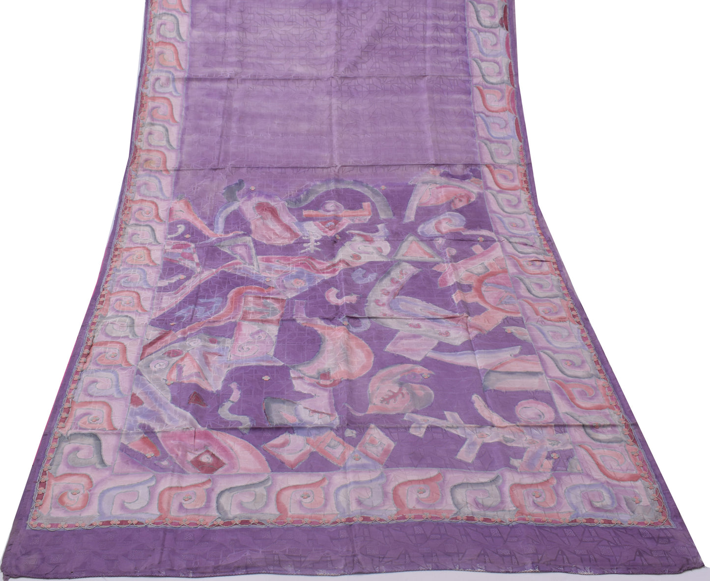 Sushila Vintage Purple Sari Pure Silk Hand Embroidered Printed Woven Sari Fabric