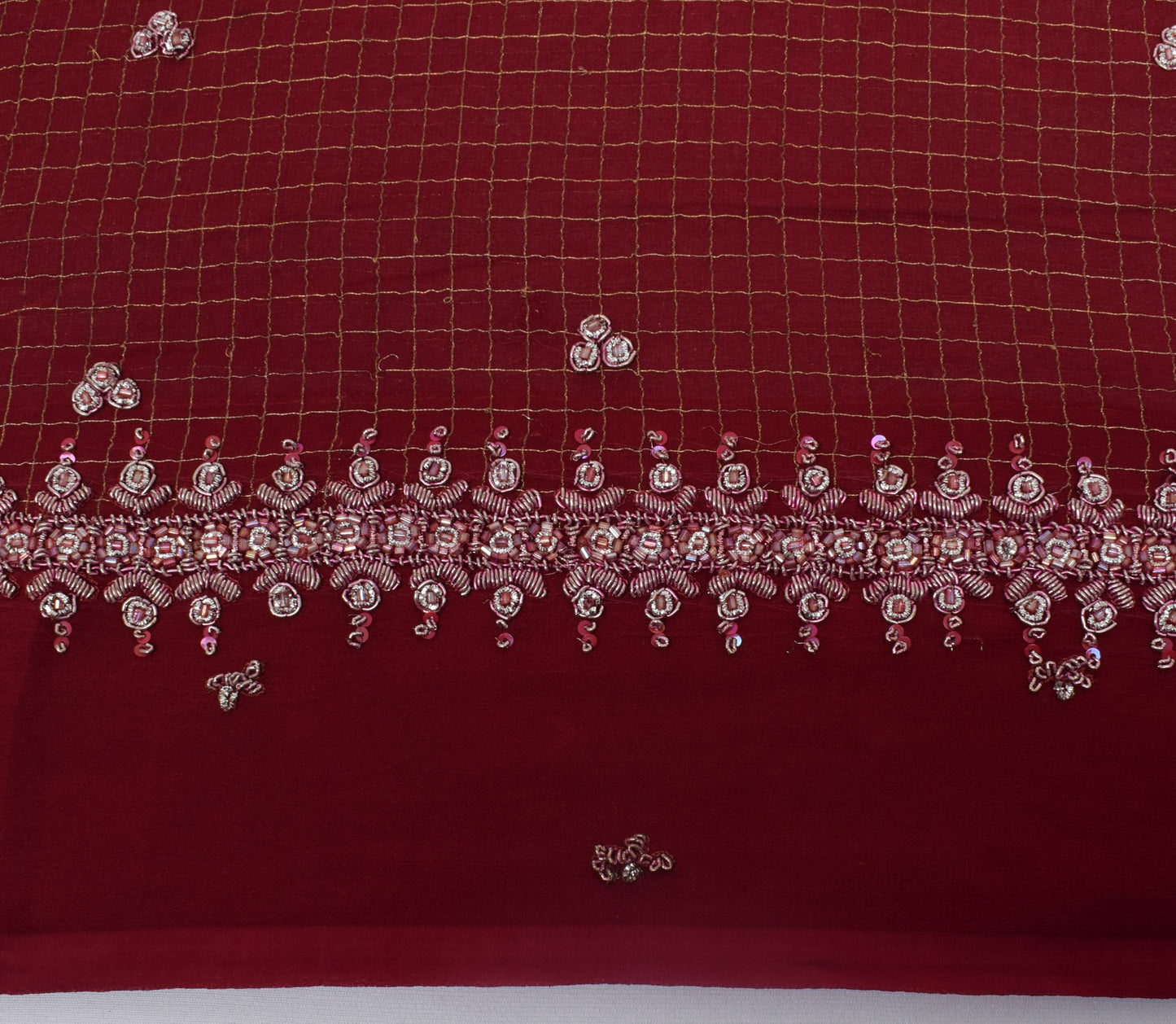 Sushila Vintage Maroon Saree Pure Georgette Silk Hand Beaded Floral Sari Fabric