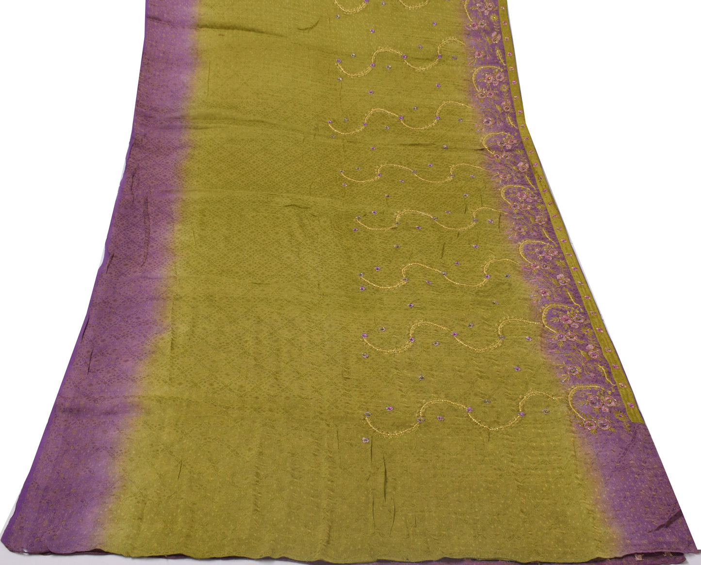 Sushila Vintage Green Saree Pure Georgette Silk Hand Beaded Floral Sari Fabric