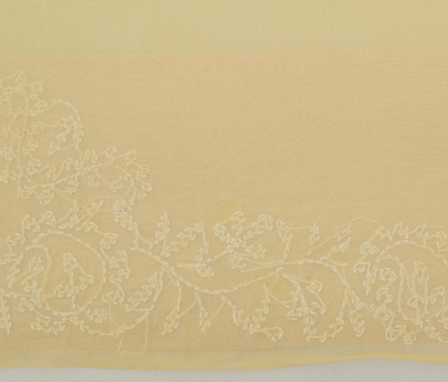 Sushila Vintage Ivory Sari Blend Cotton Hand Embroidered Chikankari Sari Fabric