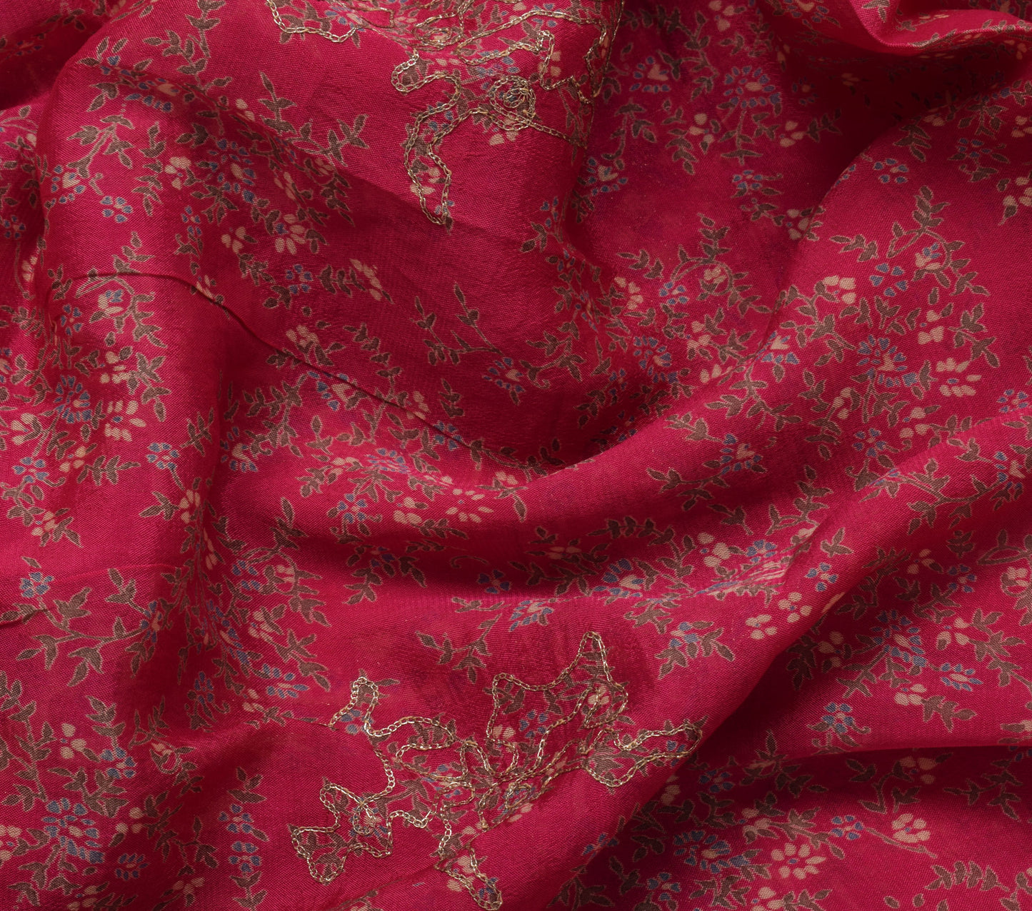 Sushila Vintage Magenta Saree Pure Silk Printed Embroidered Floral Sari Fabric