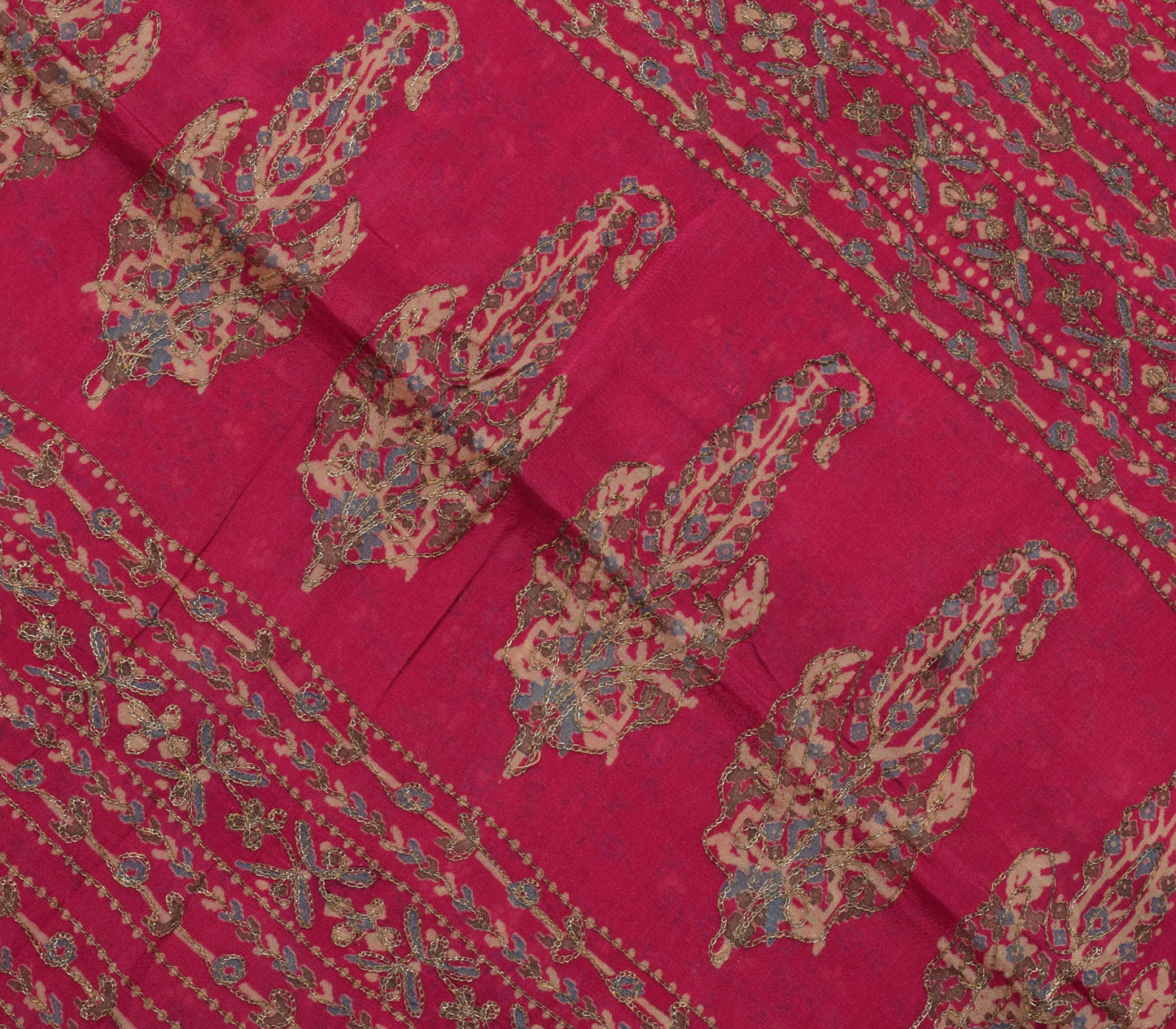 Sushila Vintage Magenta Saree Pure Silk Printed Embroidered Floral Sari Fabric