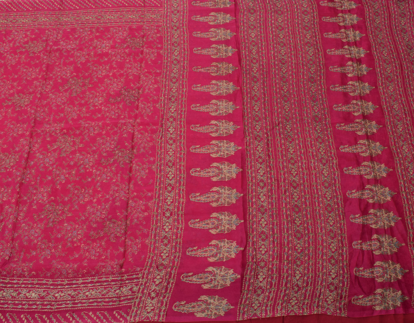 Sushila Vintage Magenta Saree Pure Silk Printed Embroidered Floral Sari Fabric