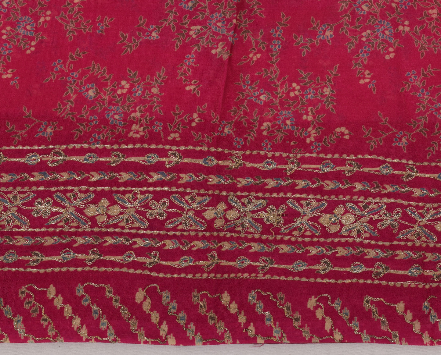 Sushila Vintage Magenta Saree Pure Silk Printed Embroidered Floral Sari Fabric