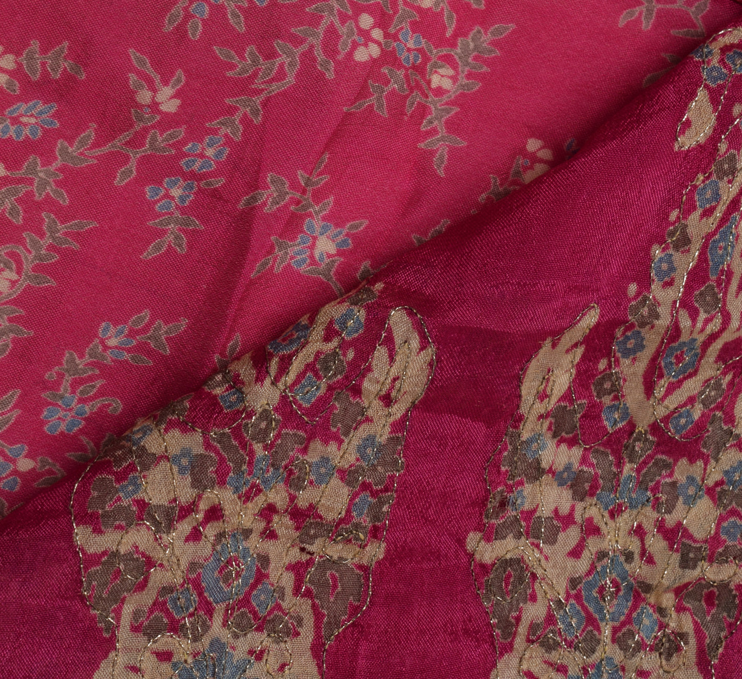 Sushila Vintage Magenta Saree Pure Silk Printed Embroidered Floral Sari Fabric