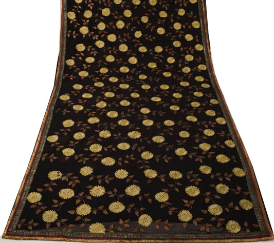 Sushila Vintage Black HEAVY Saree Pure Georgette Silk Embroidered Sari Fabric