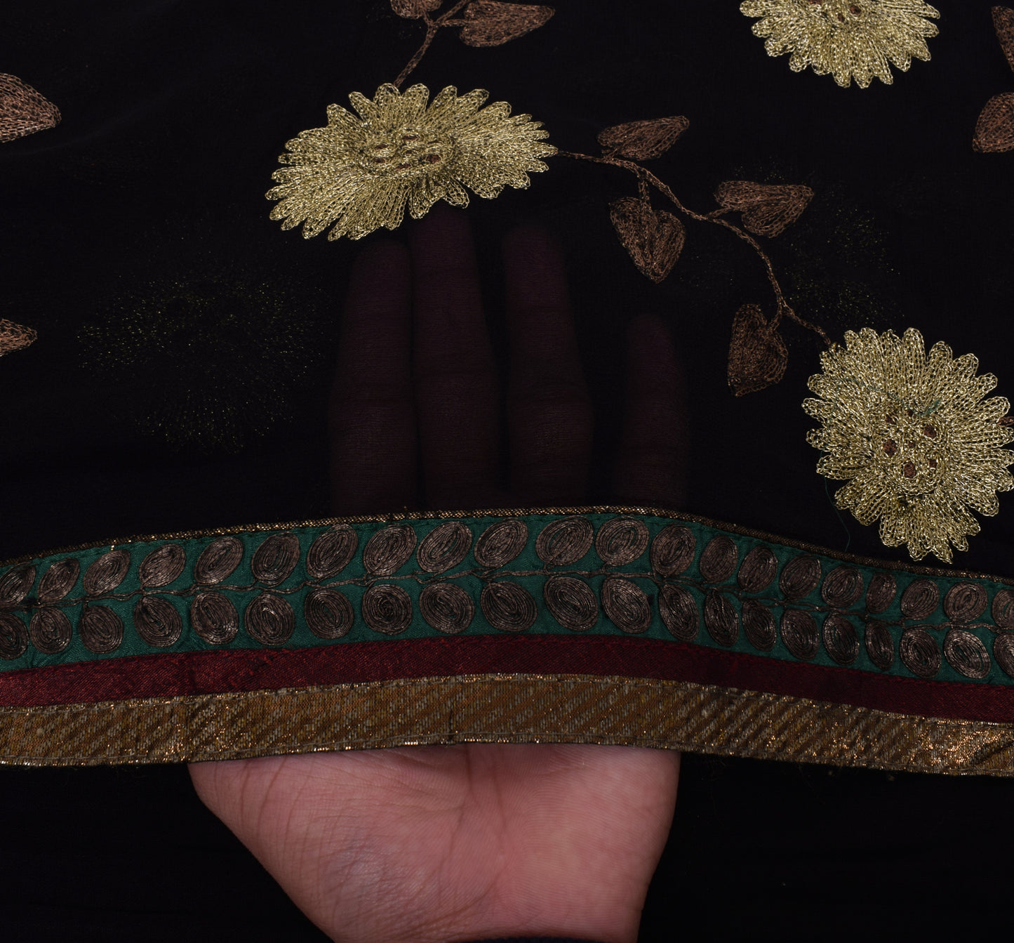 Sushila Vintage Black HEAVY Saree Pure Georgette Silk Embroidered Sari Fabric