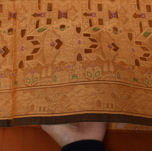 Sushila Vintage Brown Saree 100% Pure Silk All Over Woven Hut Sari Decor Fabric