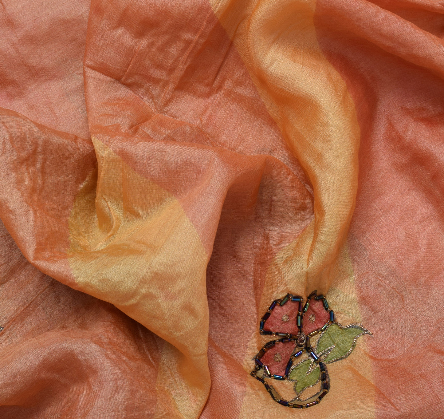 Sushila Vintage Beautiful Peach Sari Pure Silk Printed & Embroidered Sari Fabric