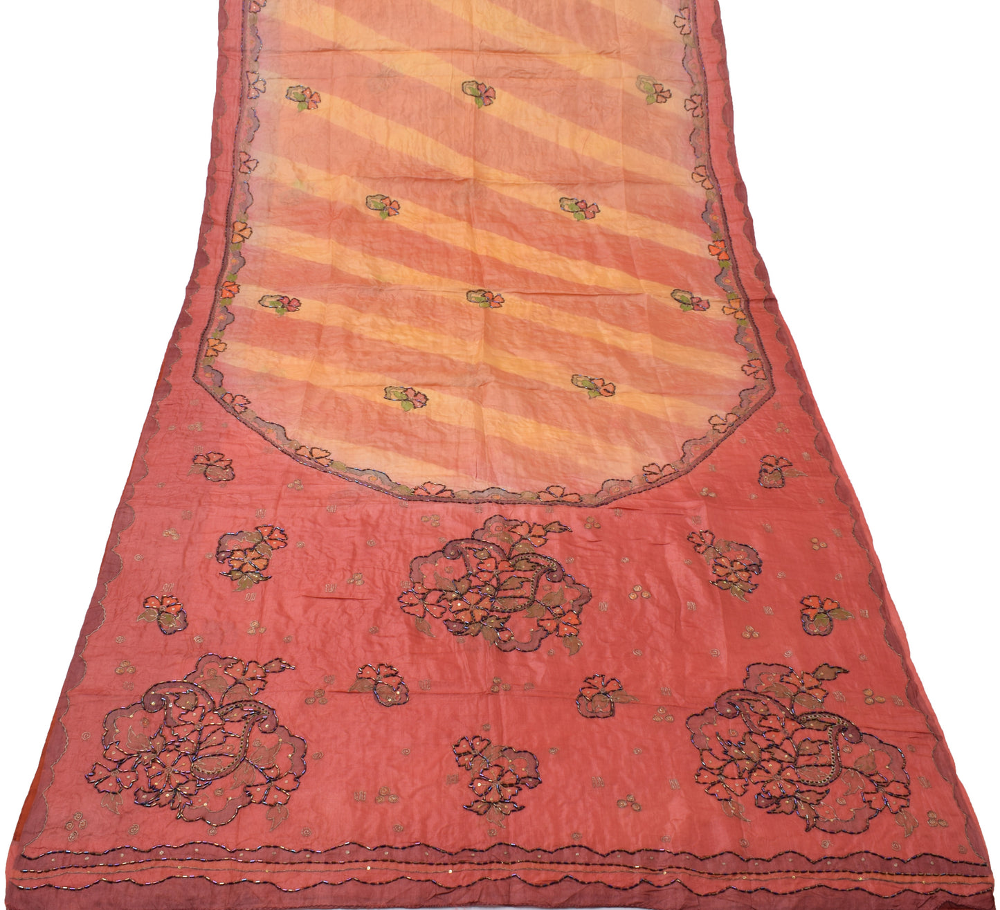 Sushila Vintage Beautiful Peach Sari Pure Silk Printed & Embroidered Sari Fabric