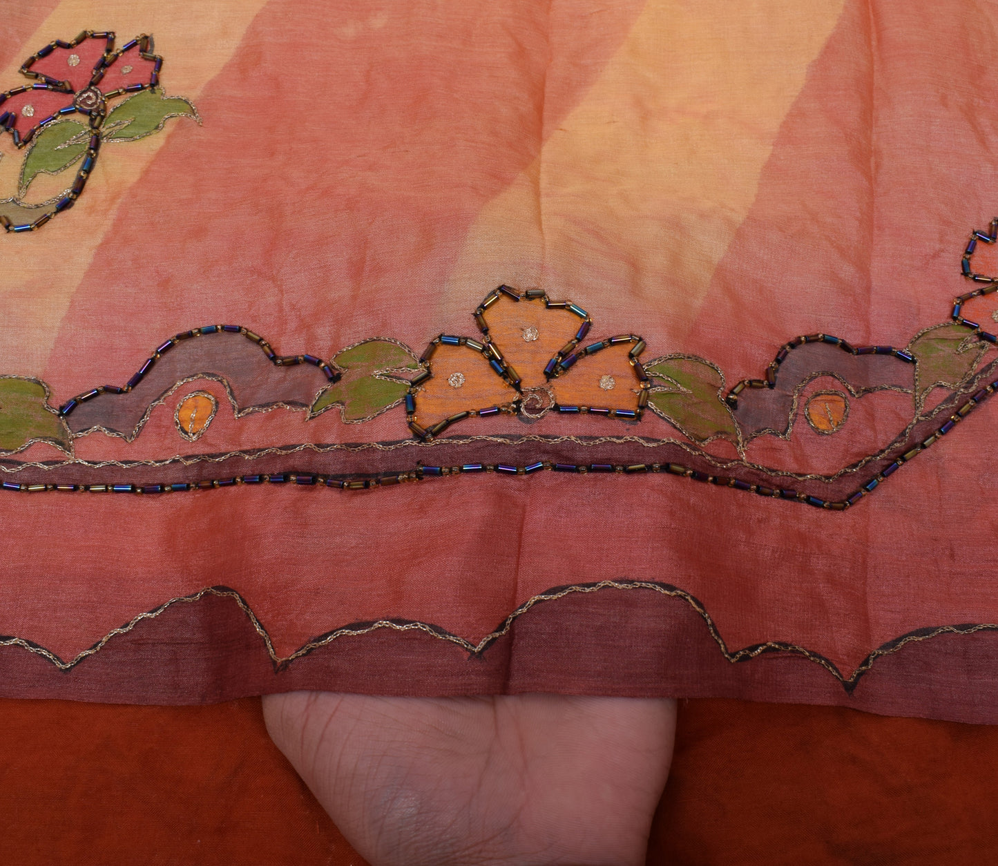 Sushila Vintage Beautiful Peach Sari Pure Silk Printed & Embroidered Sari Fabric